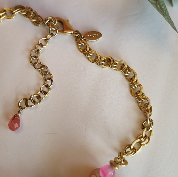 Chico's Necklace Pink Glass Slab Mother Of Pearl Goldtone Statement Jewelry 18" - Picture 10 of 12